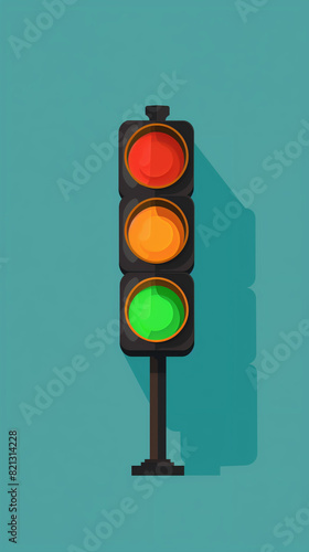 Simple illustration of a traffic light with vibrant red, orange, and green lights on a clear background in flat design style photo