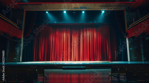 Empty Theater Stage with Red Curtains and Spotlights. Dramatic image of an empty theater stage with red curtains photo