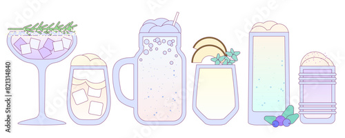 Cocktails set. Soft drinks with milk, coconut cream. Milkshake. Milky summer cocktail. Alcohol drink for bar. Non-alcoholic beverage. Flat vector illustration with outline, gradient