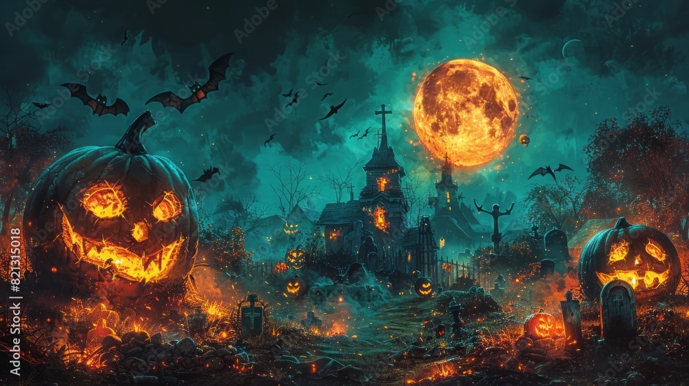 Pumpkins from skulls, bats, moon and tombs in the graveyard on spooky Halloween night. Pumpkins from skulls, bats, moon and tombs in the graveyard on spooky Halloween night.