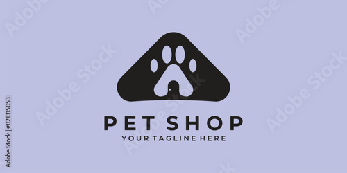 pet shop logo with house and animal footprints vector illustration design