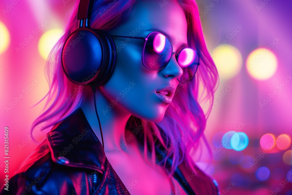 Beautiful Woman DJ with Pink Hair Smiling, Wearing Headphones, Sunglasses, and a Leather Jacket, Deejaying with Turntables While Dancing Under Colorful Disco Lights. Beautiful Woman DJ with Pink Hair Smiling, Wearing Headphones, Sunglasses, and a Leather Jacket, Deejaying with Turntables While Dancing Under Colorful Disco Lights.