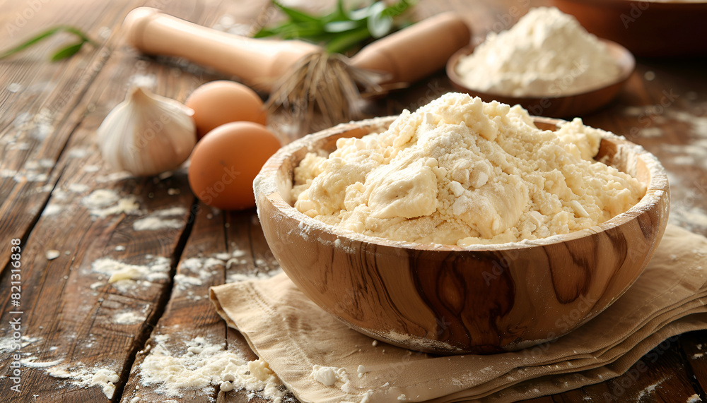 Fototapeta premium Bowl of fresh yeast dough on wooden table