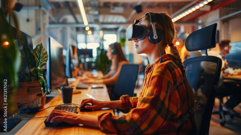 Open-Plan Startup Office with Developers Working on Virtual Reality Applications for Modern Tech Innovation Open-Plan Startup Office with Developers Working on Virtual Reality Applications for Modern Tech Innovation