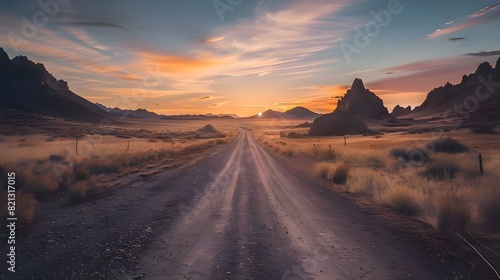 An open road through a barren, rocky desert at dawn felt like a summons to adventure, travel, and escape—a journey through life's challenges and hardships toward freedom, adventure, and the unknown.