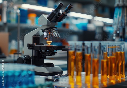 Laboratory With Microscope and Bottles of Liquid