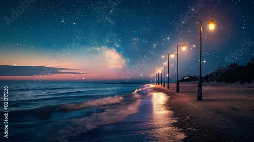An oceanfront boulevard, where streetlights silhouette waves under a starlit sky, offers a mesmerizing escape. photo