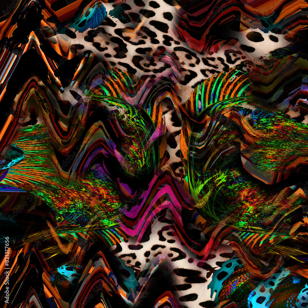 
Combination textile collage pattern of wave and lines colored leopard snake tiger textures
