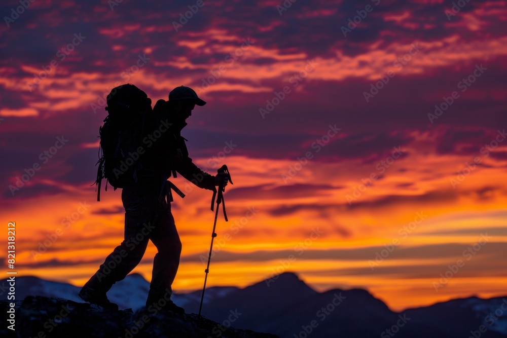 Silhouette of a Hiker at Sunset in the Mountains