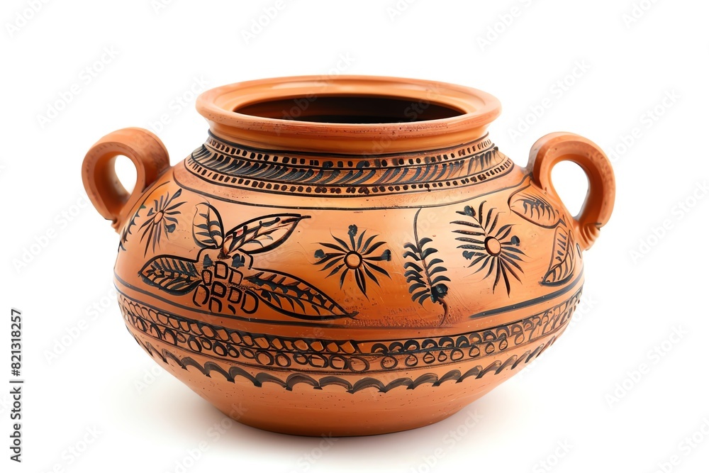 Handcrafted traditional ceramic pot with decorative floral patterns and handles on white background, showcasing cultural artistry.