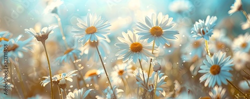 Field of daisies in full bloom  bright and cheerful  with a clear blue sky