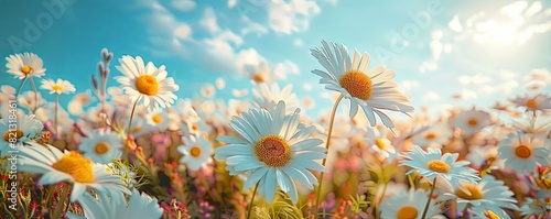 Field of daisies in full bloom  bright and cheerful  with a clear blue sky