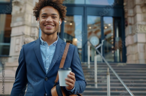 Man in Blue Suit Holding Cup of Coffee