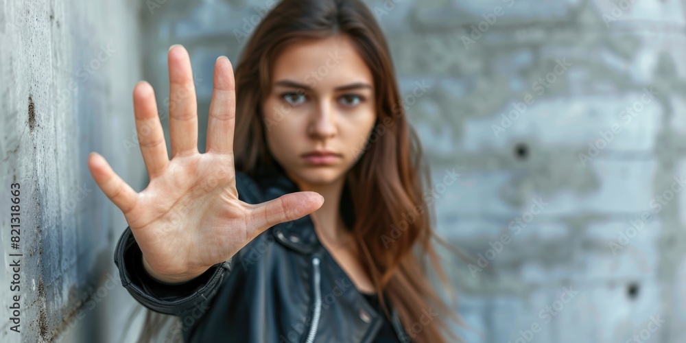 woman raised her hand for dissuade, Abuse, stop violence against women. Stop sexual harassment and rape. ai woman raised her hand for dissuade, Abuse, stop violence against women. Stop sexual harassment and rape. ai