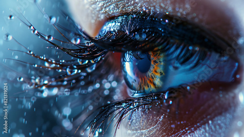 Water droplets on eyelashes close-up in detailed eye #821319024