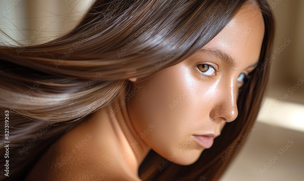 Close-up portrait of woman with long shiny brown hair in natural light Close-up portrait of woman with long shiny brown hair in natural light