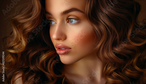 Portrait of woman with curly brown hair and expressive green eyes in soft warm lighting