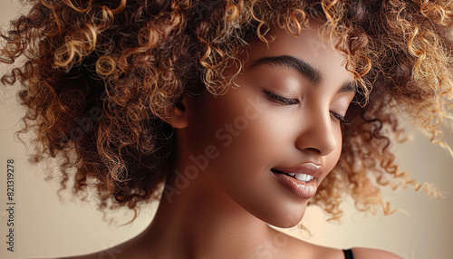 Close-up of young woman with curly hair in serene expression