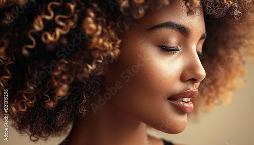 Side profile portrait of a smiling woman with curly hair and glowing skin in close-up shot