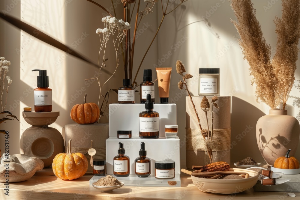 Autumn Themed Skincare Display Featuring Pumpkin and Cinnamon Ingredients for Warmth and Rejuvenation Autumn Themed Skincare Display Featuring Pumpkin and Cinnamon Ingredients for Warmth and Rejuvenation