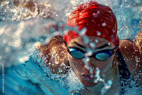 Olympic female swimmer during the butterfly, close up of her face