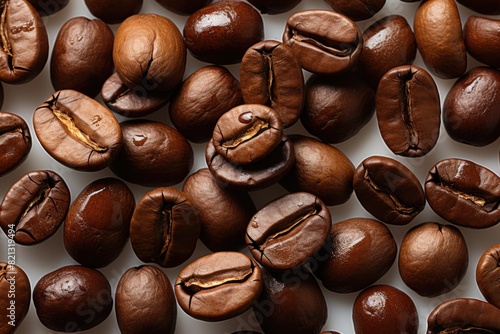 Upper view of toasted coffee beans, isolated in the white background, with a copy , generative IA