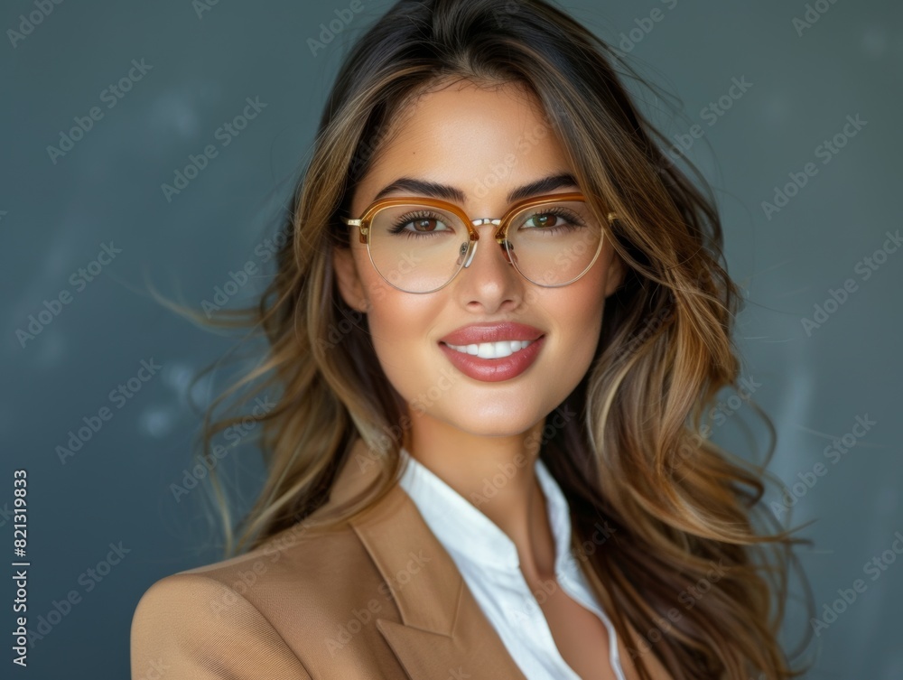 Stylish young businesswoman wears glasses and smiles. Successful woman. Business style. Fashion and beauty. Stylish young businesswoman wears glasses and smiles. Successful woman. Business style. Fashion and beauty.