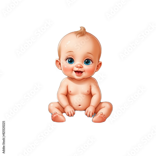 a baby with blue eyes sits on a transparent background.