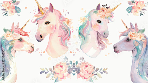Whimsical watercolor unicorns with pastel manes