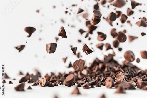 Chocolate pieces falling into the air on a white background, Ai generated