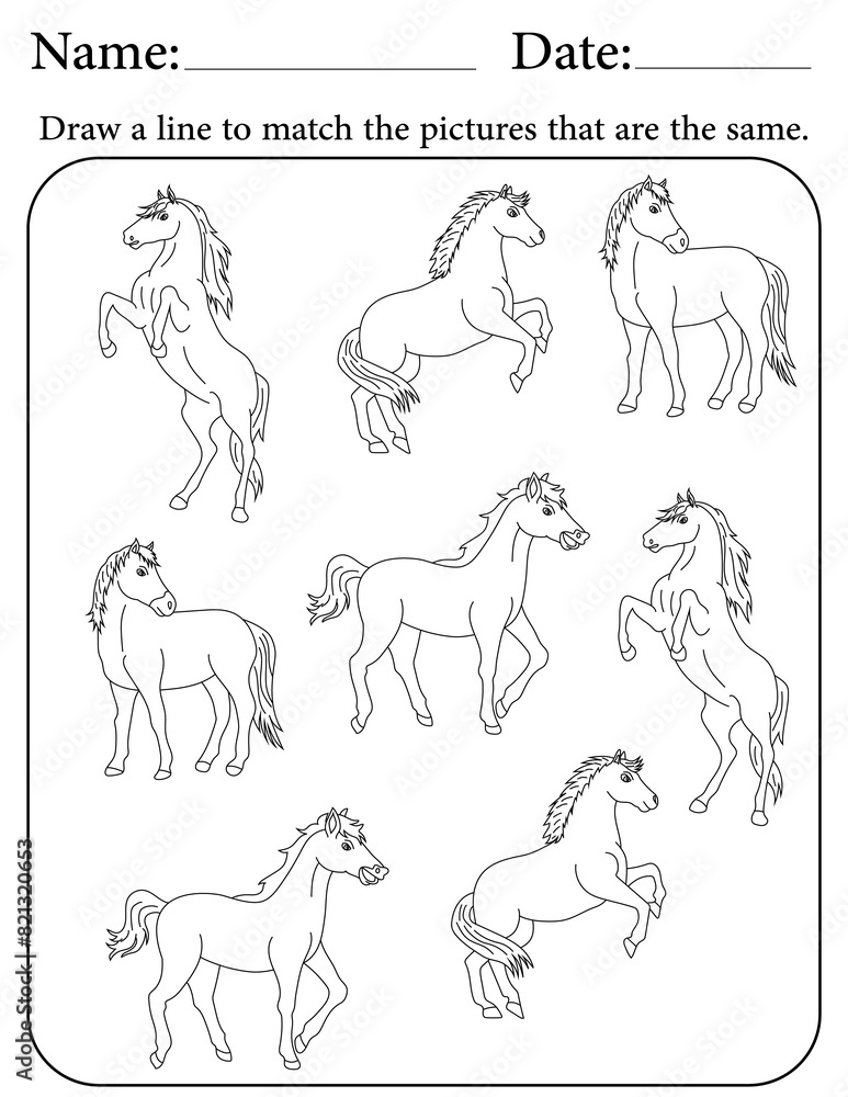 Horse Puzzle. Printable Activity Page for Kids. Educational Resources for School for Kids. Kids Activity Worksheet. Match Similar Shapes