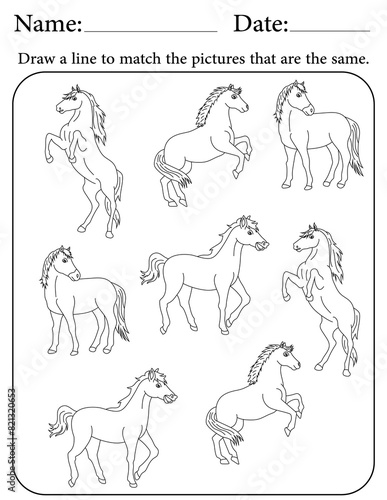 Horse Puzzle. Printable Activity Page for Kids. Educational Resources for School for Kids. Kids Activity Worksheet. Match Similar Shapes