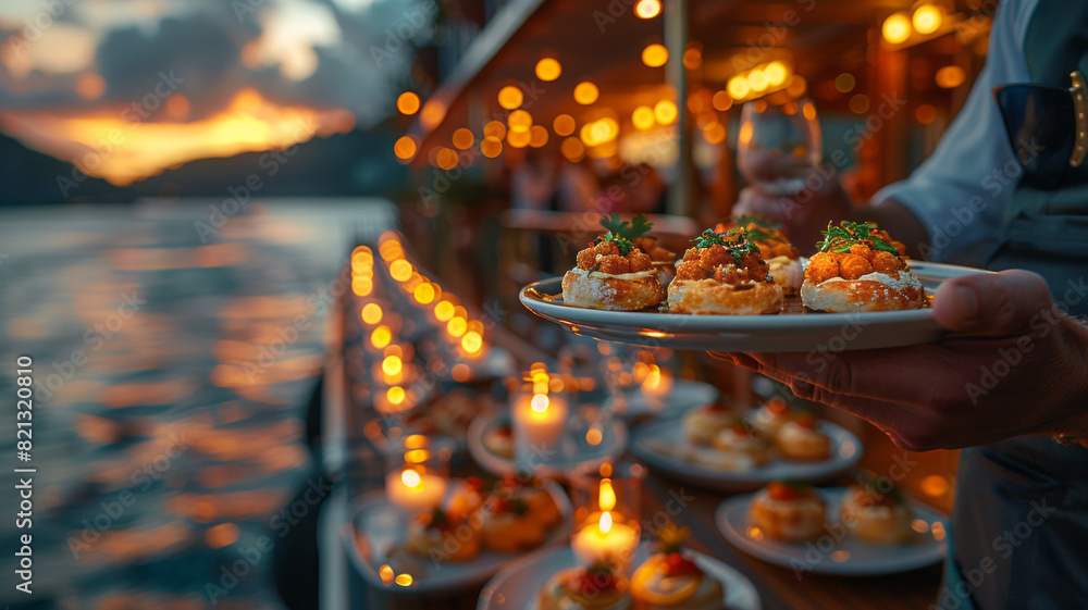 A waiter at a luxurious soiree on a heritage ship deck, holding a tray of Italian canapes, with a starlit night and elegant guests.generative ai A waiter at a luxurious soiree on a heritage ship deck, holding a tray of Italian canapes, with a starlit night and elegant guests.generative ai