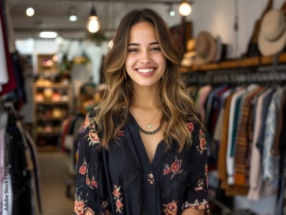 Young attractive woman smiling against the background of a clothing store. Small business owner, store manager, successful modern businesswoman. Young attractive woman smiling against the background of a clothing store. Small business owner, store manager, successful modern businesswoman.