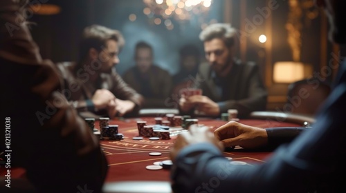 A group of photons gathered around a card table playing a heated game of poker. photo