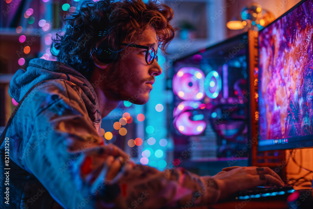 Obraz premium Young Computer Designer Testing Custom-Built Gaming PC