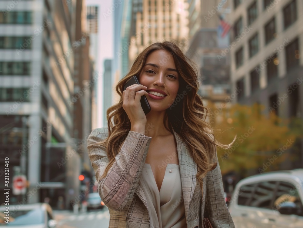 A young business lady uses a smartphone while in the business district of the city against the backdrop of high-rise buildings. Successful young woman, businesswoman. A young business lady uses a smartphone while in the business district of the city against the backdrop of high-rise buildings. Successful young woman, businesswoman.