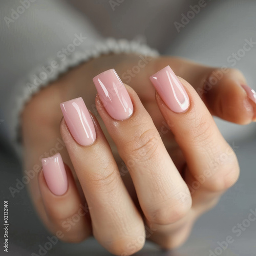 Closeup to woman hands with elegant neutral colors manicure. Beautiful pale pink gel polish manicure on long square nails on neutral gray background