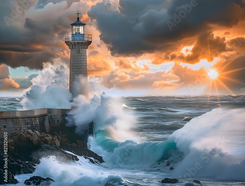 lighthouse on the open sea, violent waves crashing against the rocks, sea storm, stormy wind, sunset, background photo wallpaper for mobile phone, wallpaper for computer photo