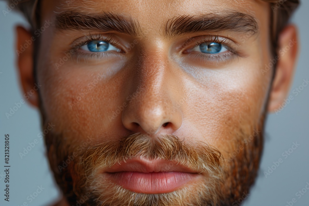 Obraz premium A man with a beard and blue eyes. Close-up. The man has a tanned complexion.