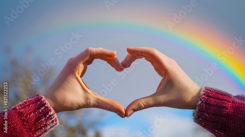 Close-up of hands forming a heart shape with a rainbow in the background photo