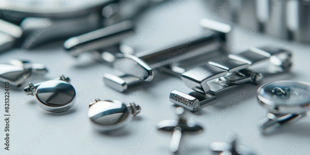 An elegant array of various designs of sophisticated cufflinks arranged neatly on a white surface An elegant array of various designs of sophisticated cufflinks arranged neatly on a white surface