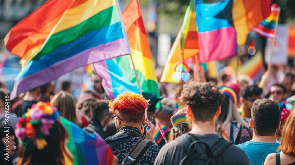 Naklejka premium Large crowd gathered at a pride rally with vibrant signage and banners