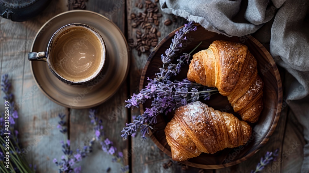 decorative elements related to French food, such as fresh flowers, lavender sprigs or a cup of coffee generative ai decorative elements related to French food, such as fresh flowers, lavender sprigs or a cup of coffee generative ai