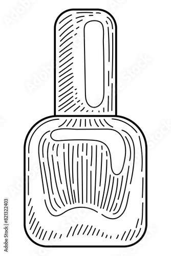 Gel polish for nails line art. Manicure tool. Closed bottle with a brush. Hand drawn vector sketch illustration. Decorative cosmetics.