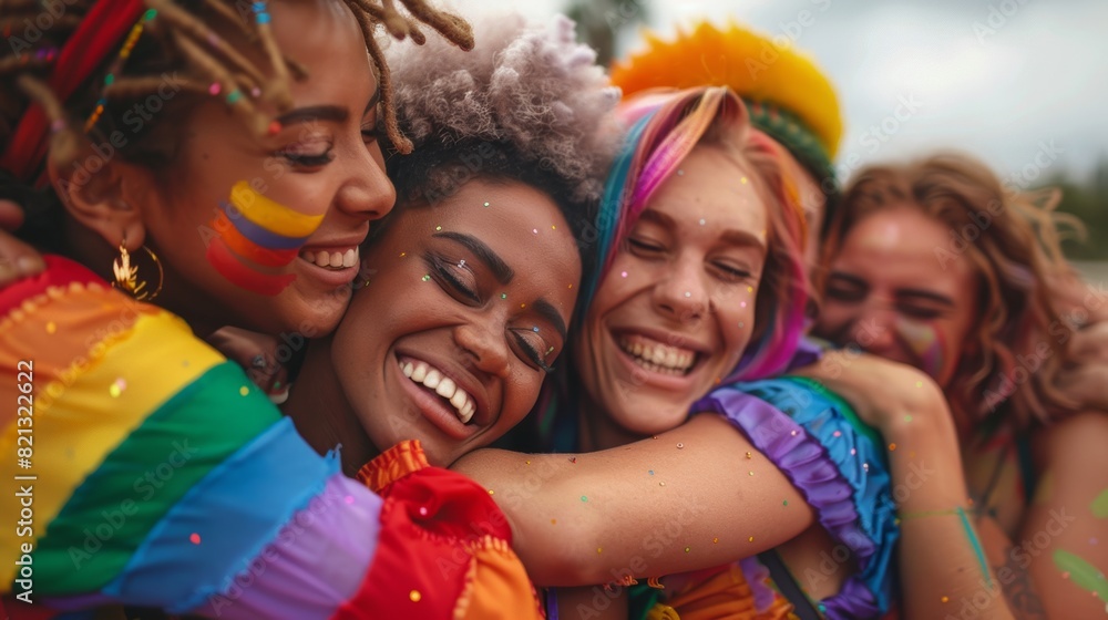 Group hug among diverse friends wearing rainbow-themed outfits Group hug among diverse friends wearing rainbow-themed outfits