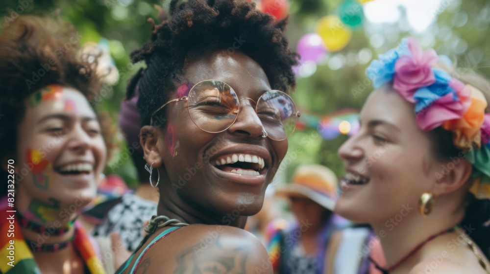 LGBTQ+ community members sharing stories and laughter at a pride festival LGBTQ+ community members sharing stories and laughter at a pride festival