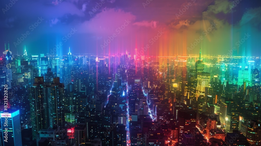 Obraz premium Artistic rainbow lights illuminating a cityscape at night