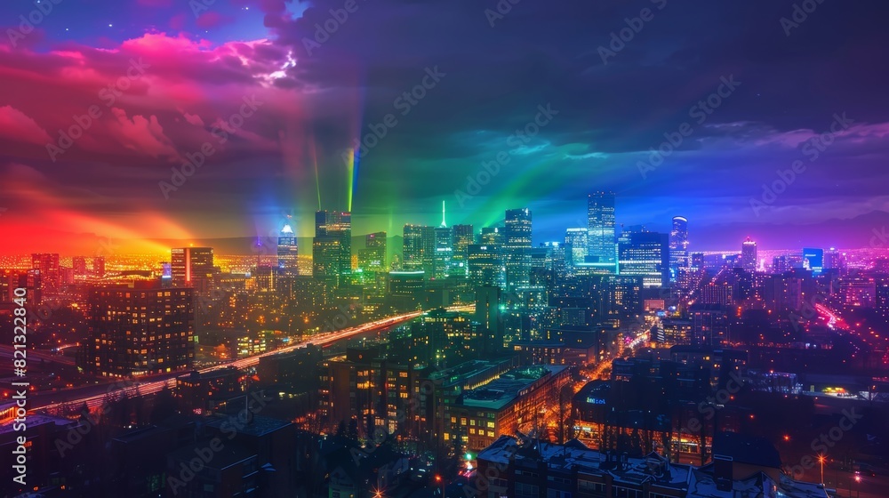 Fototapeta premium Artistic rainbow lights illuminating a cityscape at night