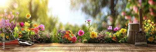 Various colorful flowers and garden tools arranged neatly on a wooden table, against a blurred natural background. Generative AI